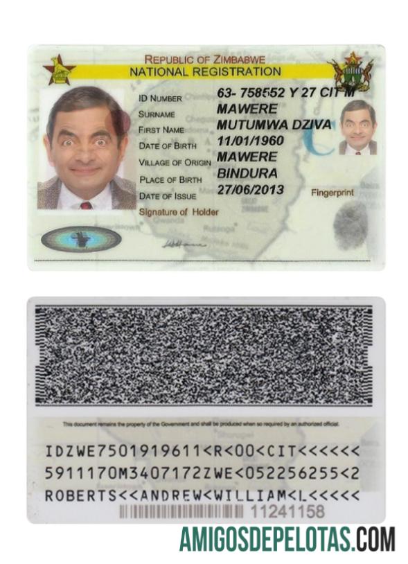 Amostra do Cartão de Identificação de Registro Nacional do Zimbábue